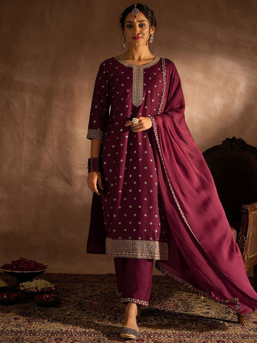 Women Embroidered Regular Sequinned Kurta with Trousers & With Dupatta