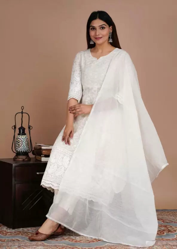 Women White Kurta Set With Dupatta Pure Cotton