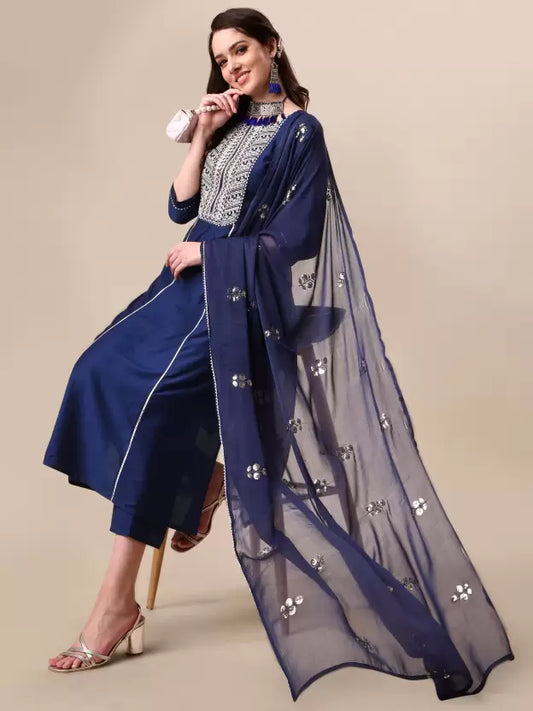 Women Blue Silk Blend Kurta Palazzo Dupatta Set