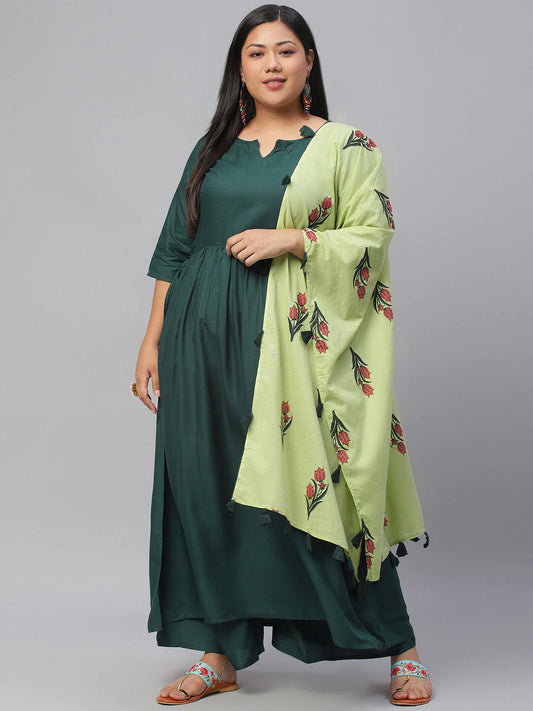 Plus Size Women Green Kurta with Palazzos & With Dupatta