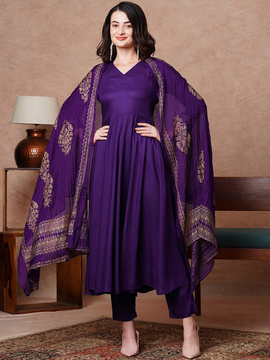 V-Neck Kurta With Trousers & Dupatta