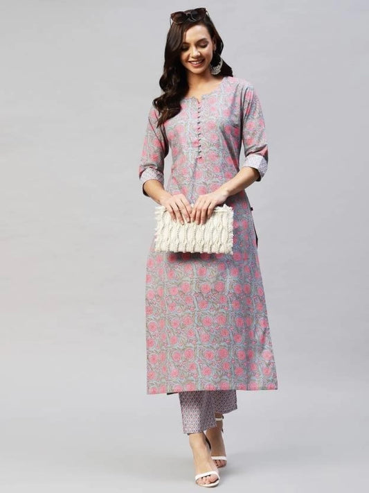 Women Floral Cotton Blend Kurta Pant Set