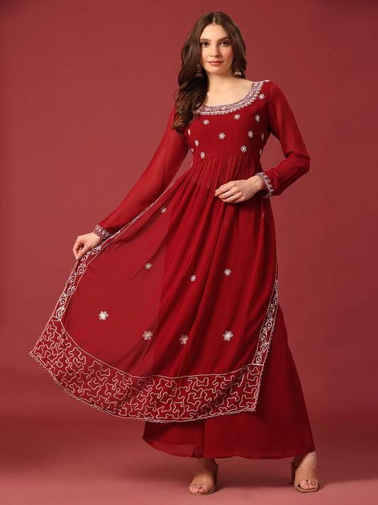 Red Embroidered Georgette Kurta Sharara Set