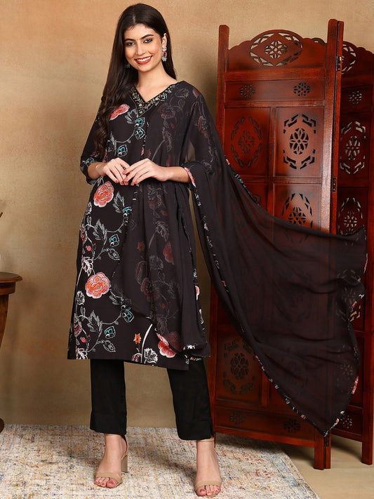 Black Floral Printed Zari Work Straight Kurta With Trousers & Dupatta