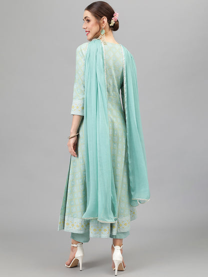 Ethnic Motifs Printed Thread Work Kurta & Trousers With Dupatta