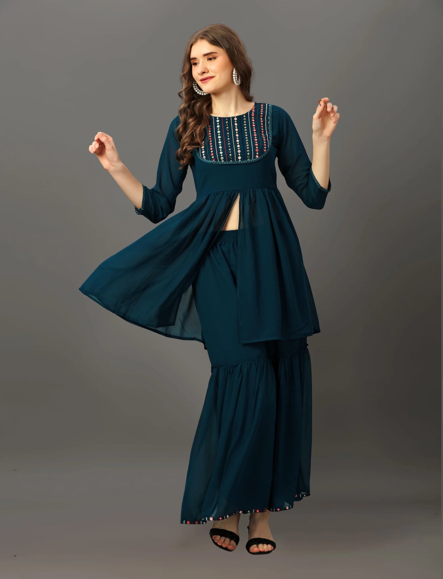 Women Teal Georgette Kurta Sharara Set