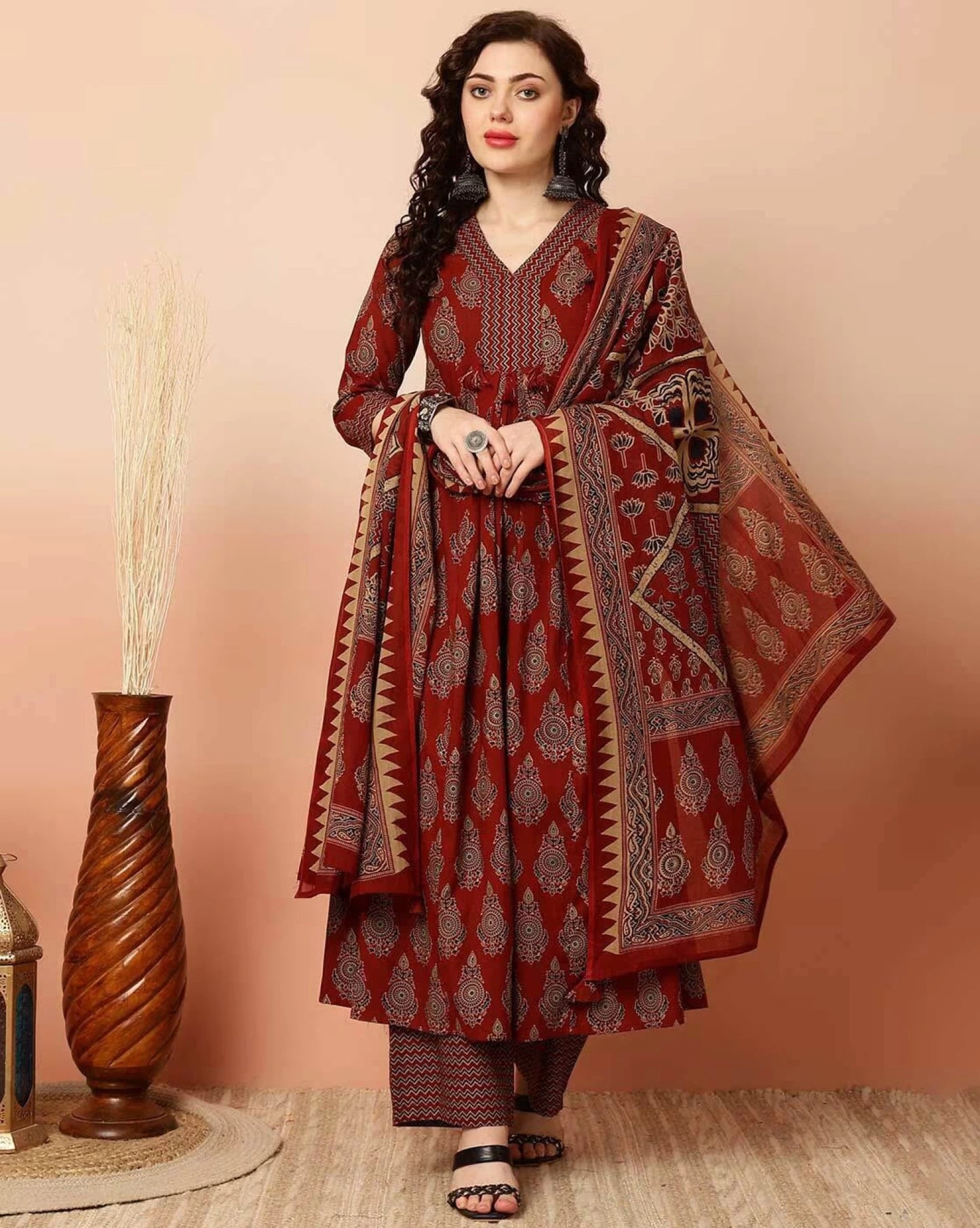 Women Maroon A-line Viscose Rayon Kurta Pant Dupatta Set