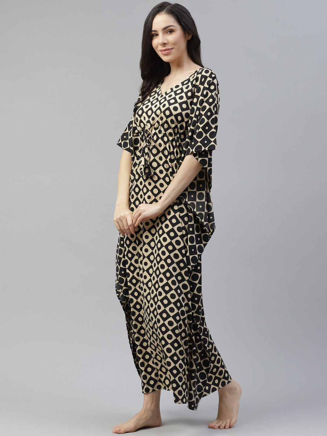 Beige & Black Printed Kimono Maxi Nightdress