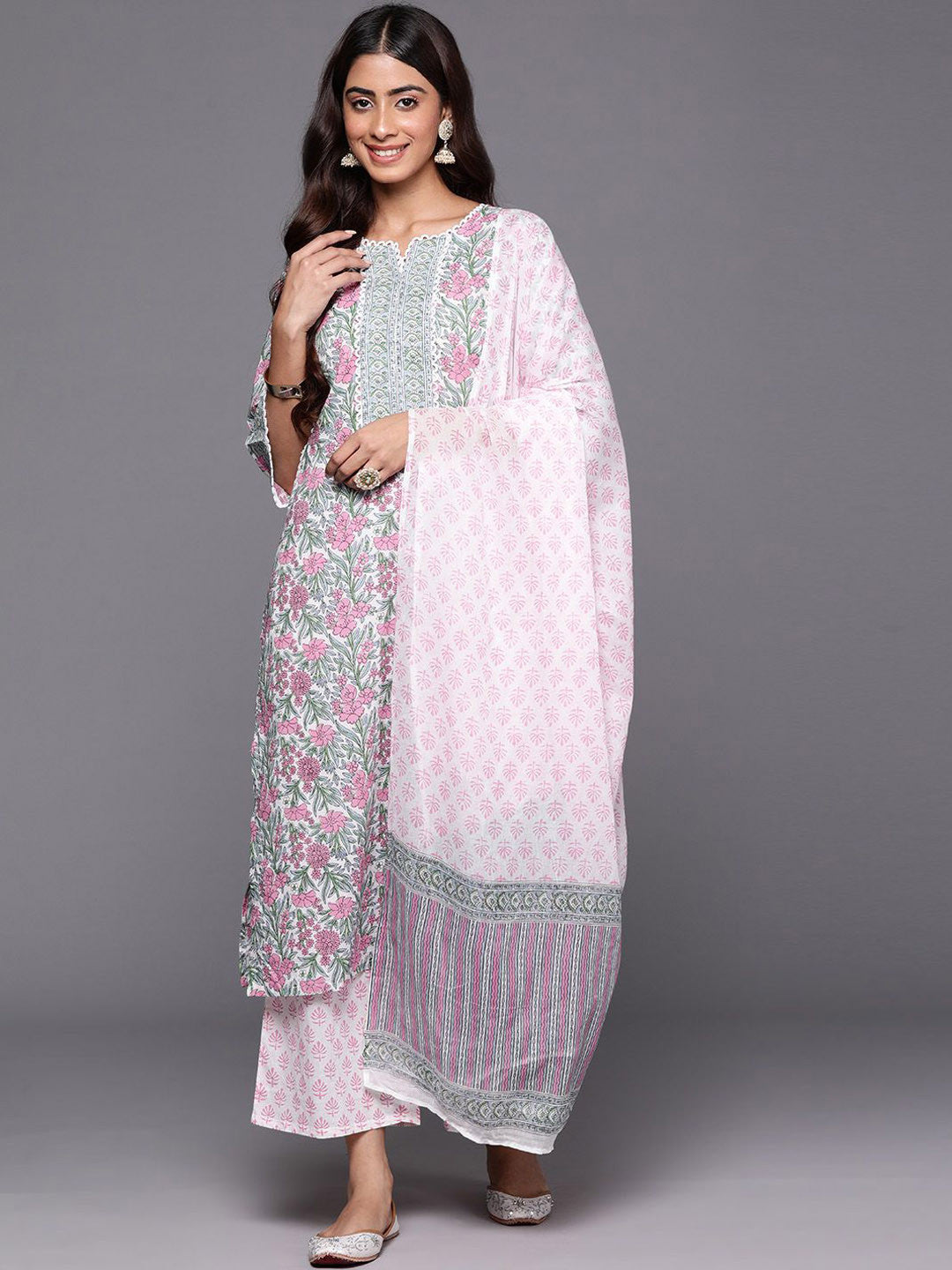 Floral Printed Notch Neck Cotton Straight Kurta With Palazzos & Dupatta - Amy's Cart