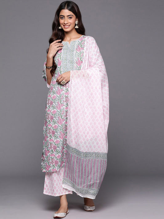 Floral Printed Notch Neck Cotton Straight Kurta With Palazzos & Dupatta - Amy's Cart