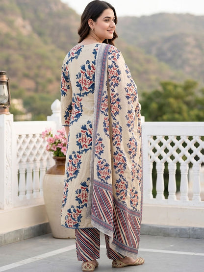 Women Floral Printed Regular Pure Cotton Kurta with Trousers & With Dupatta