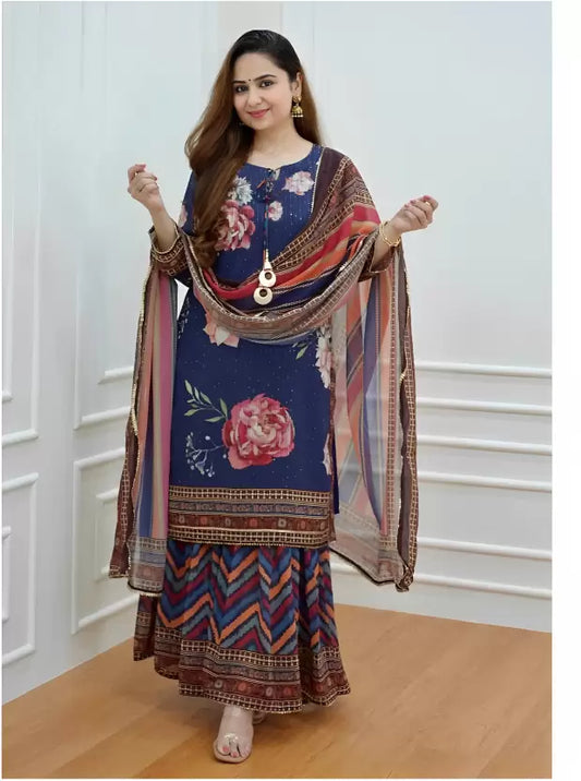 Women Blue Floral Kurta Sharara set