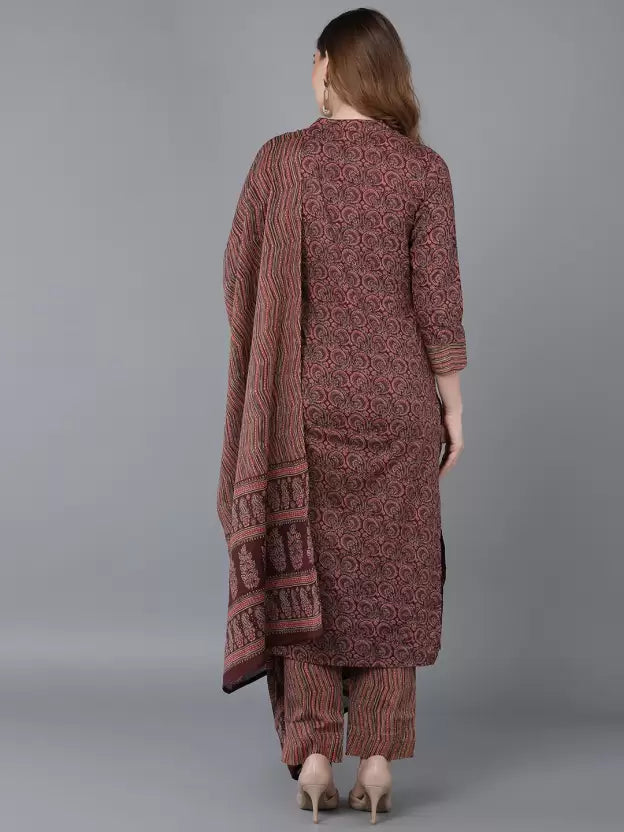 Women Maroon Cotton Blend Kurta Pant Dupatta Set