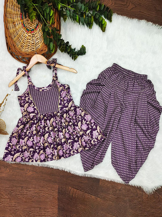 Girls Floral Printed Gotta Patti Detailed A-Line Kurta With Dhoti Pant