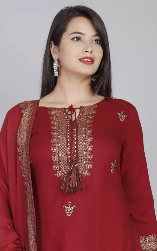 Women Red Viscose Rayon Kurti Palazzo Dupatta Set