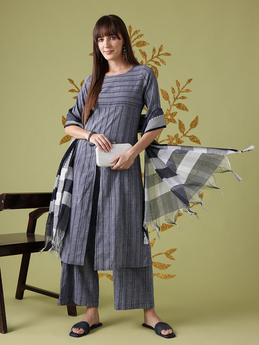High-Slit Striped Kurta with Palazzos & Dupatta