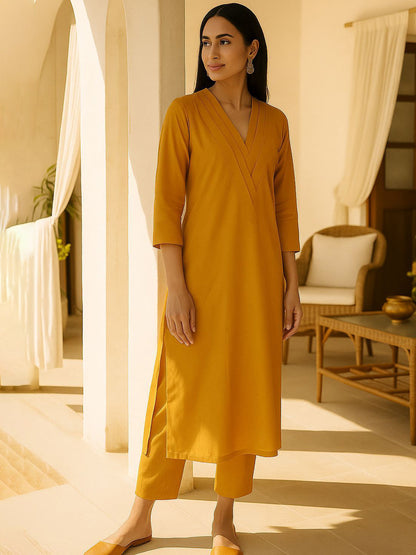 V-Neck Pure Cotton Straight Kurta with Trousers