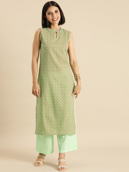 Women Green & Rust Orange Printed Pure Cotton Kurta Set