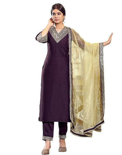 Women's Rayon Viscose Embroidery Straight Kurta Pant with Dupatta Set