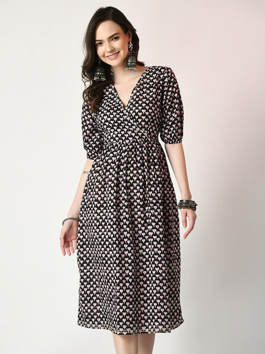 Black Ethnic Motifs Printed Gathered Detailed Cotton A-Line Ethnic Dress