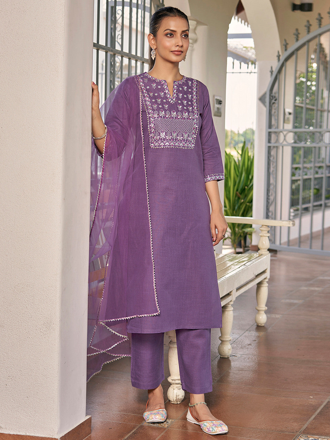 Floral Yoke Design Notch Neck Thread Work Straight Kurta With Trousers & Dupatta