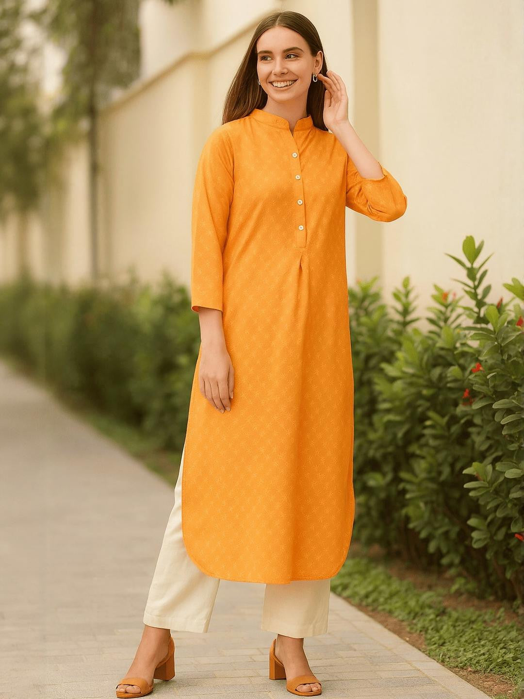 Women Orange Cotton Blend Printed Kurta Sets - Amy's Cart