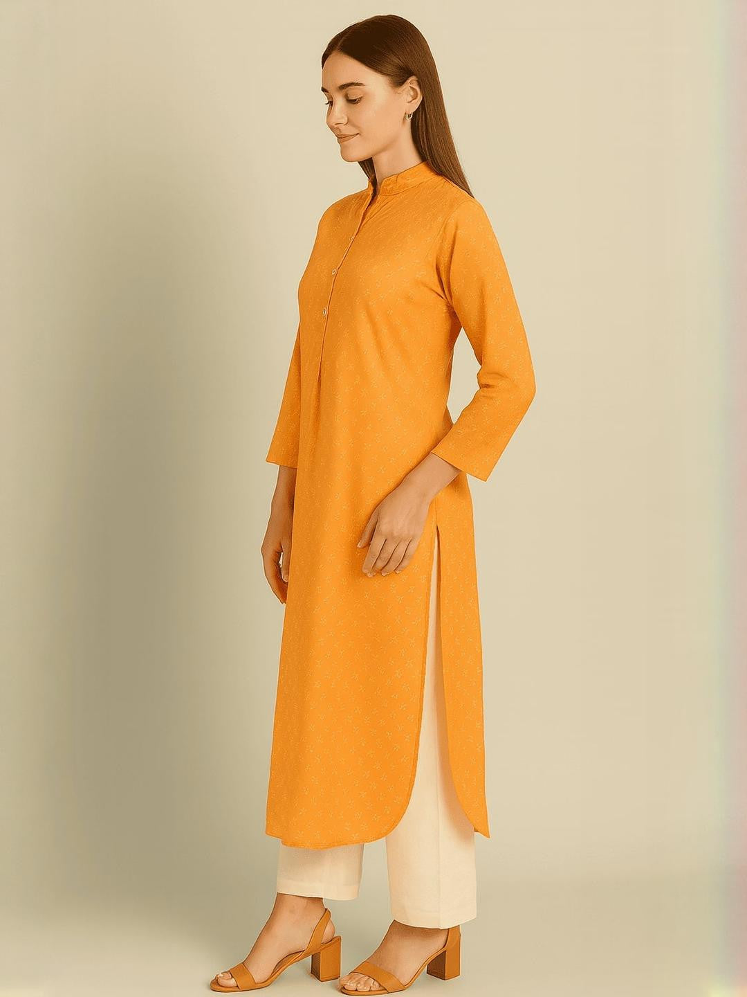 Women Orange Cotton Blend Printed Kurta Sets - Amy's Cart