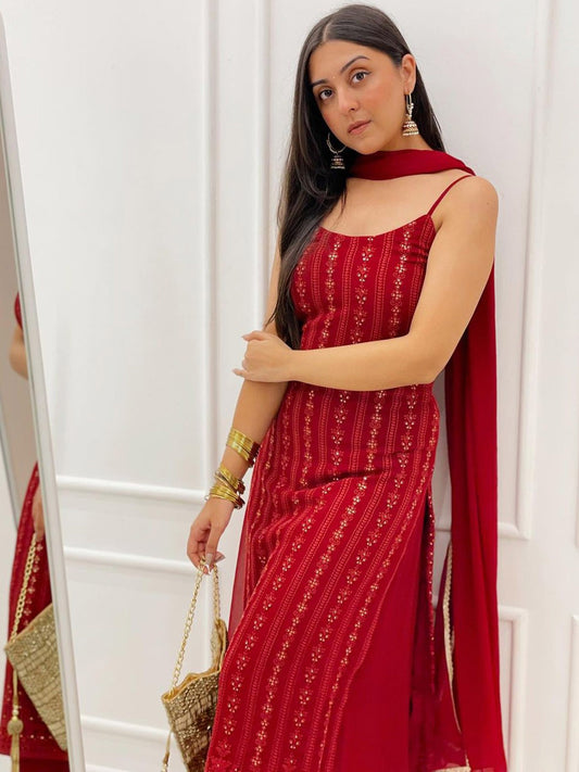 Floral Embroidered Sequinned Kurta With Palazzos & Dupatta