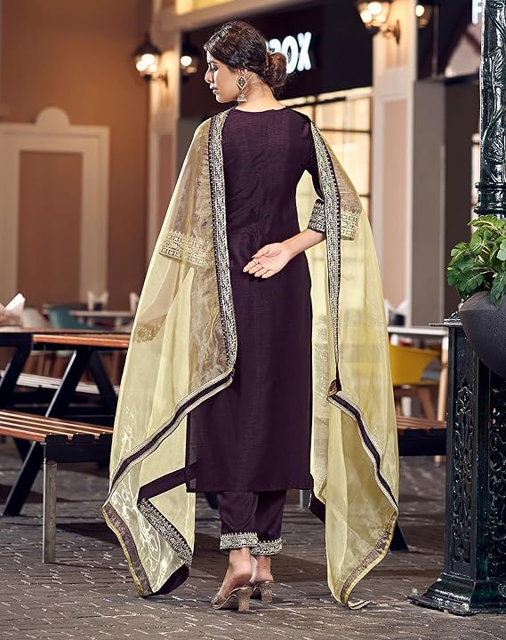 Women's Rayon Viscose Embroidery Straight Kurta Pant with Dupatta Set