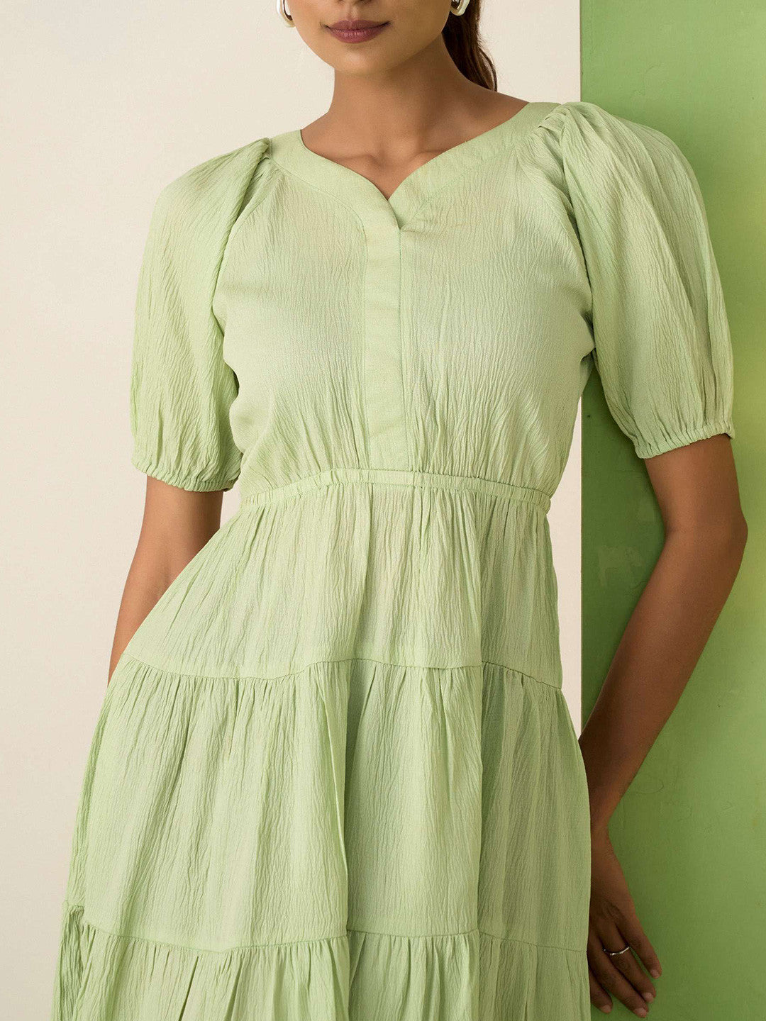 The Lifestyle Co Women Sweetheart Neck Puff Sleeve Fit & Flare Tiered Midi Dress