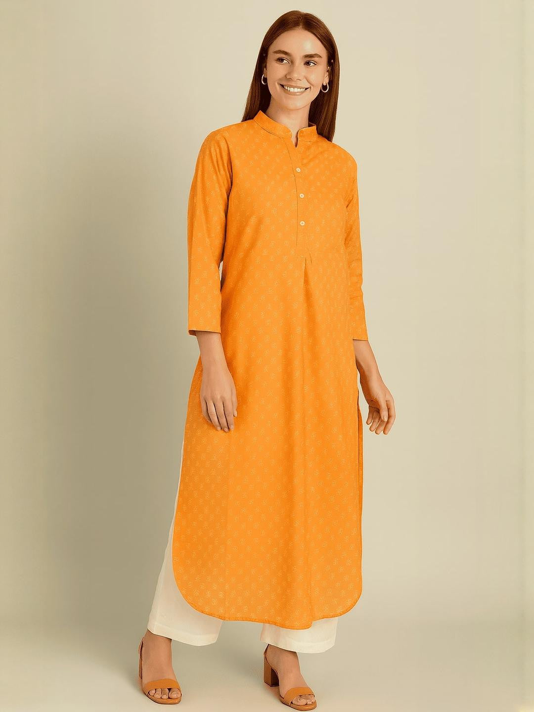 Women Orange Cotton Blend Printed Kurta Sets - Amy's Cart