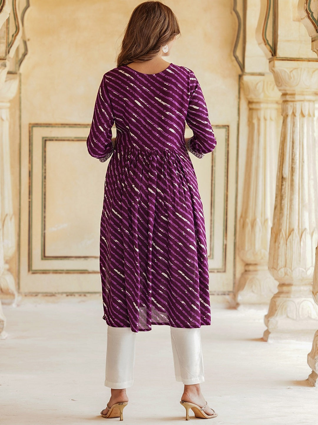 Leheriya Printed Pleated Thread Work Kurta With Trousers