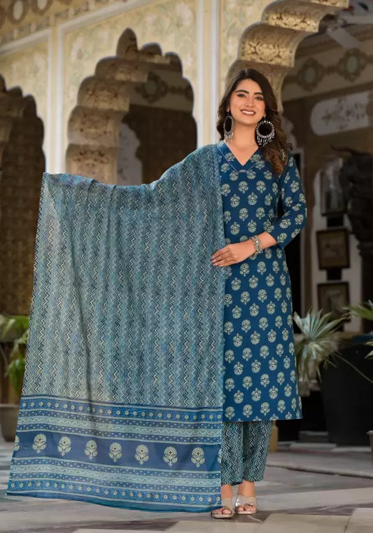 Women Blue Viscose Rayon Kurta Pant Dupatta Set