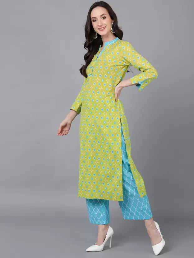 Women Light Green Cotton Rayon Kurta Palazzo Dupatta Set