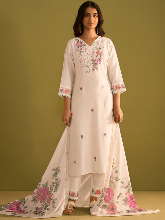 Women Floral Embroidered Regular Thread Work Kurta with Trousers & With Dupatta