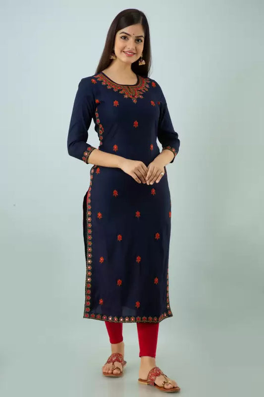 Women Embroidered Viscose Rayon Straight Kurta