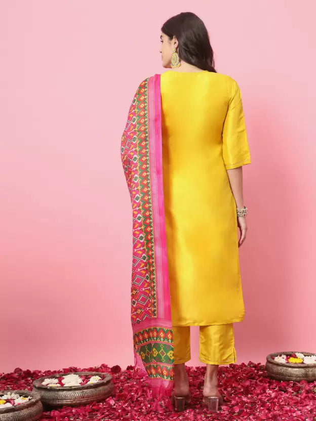 Women Yellow Silk Blend Kurta Pant Dupatta Set