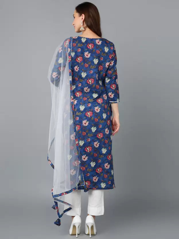 Women Blue Cotton Rayon Kurta Pant Dupatta Set