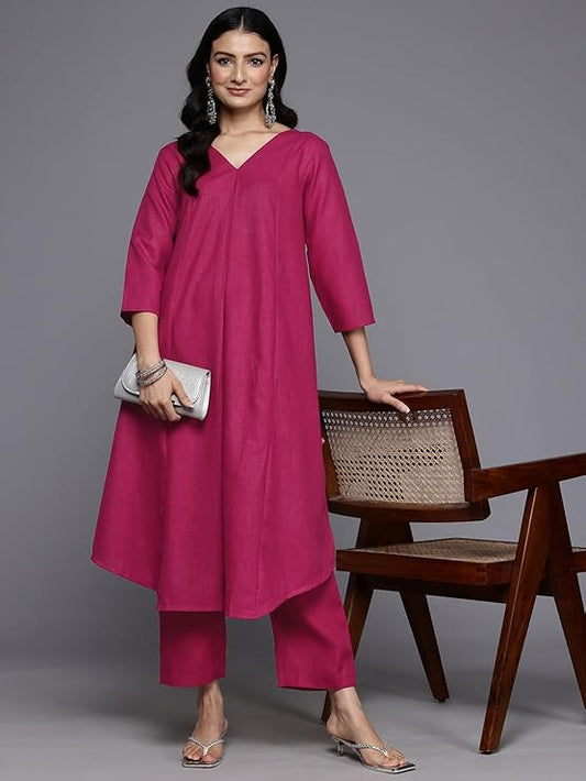 Women Magenta Solid A-Line Kurta & Trousers set