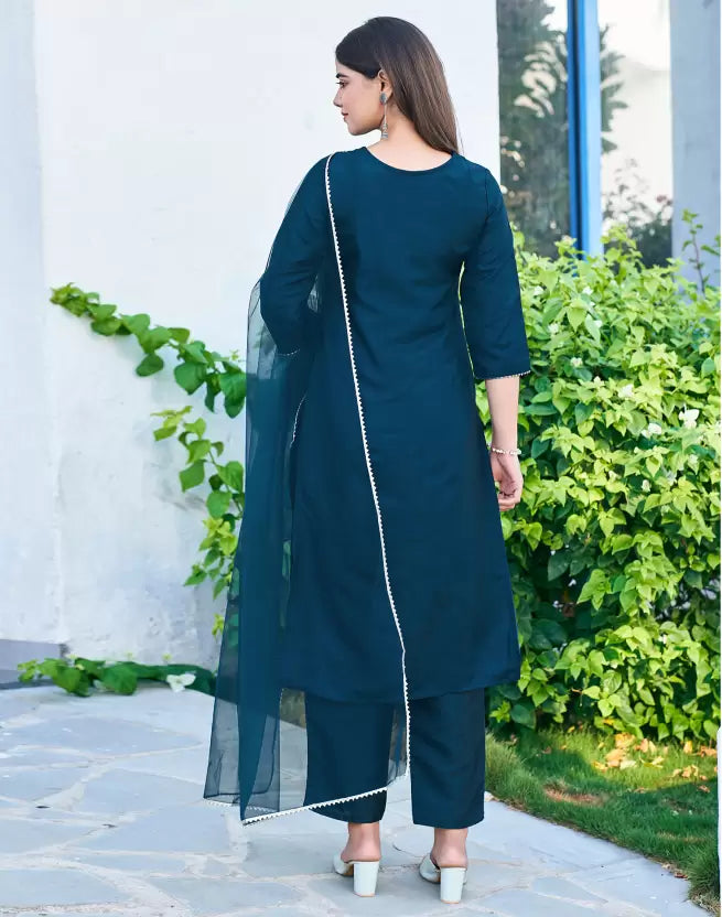 Women Blue Silk Blend Kurta Pant Dupatta Set