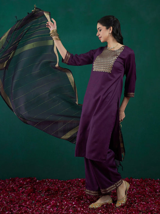 Purple Yoke Design Regular Pure Cotton Kurta With Palazzos & Dupatta