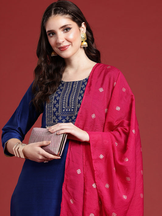 Women Ethnic Motifs Yoke Design Thread Work Kurta with Trousers & With Dupatta