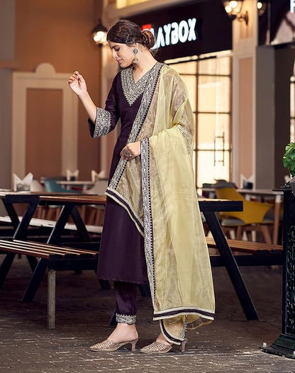 Women's Rayon Viscose Embroidery Straight Kurta Pant with Dupatta Set