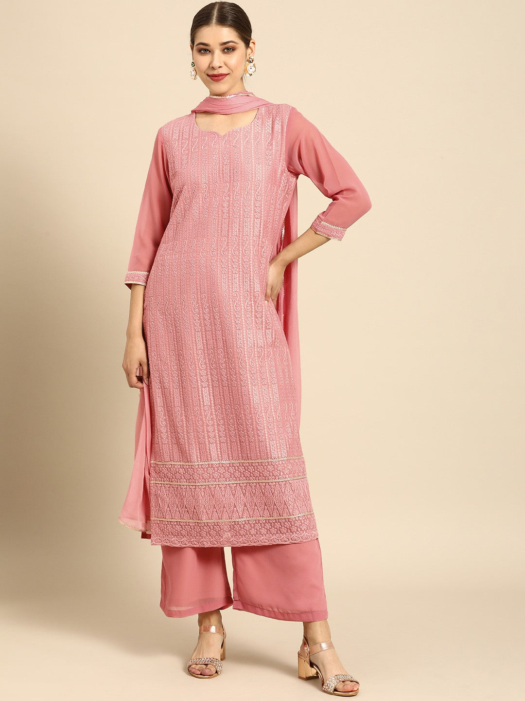 Women Pink Ethnic Motifs Embroidered Sequinned Kurta with Palazzos & Dupatta