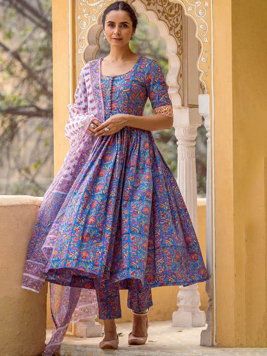 Floral Printed Anarkali Kurta With Trousers & Dupatta