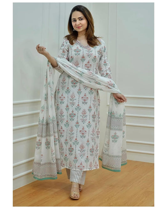 Women White Printed Kurta and Pant set with Dupatta