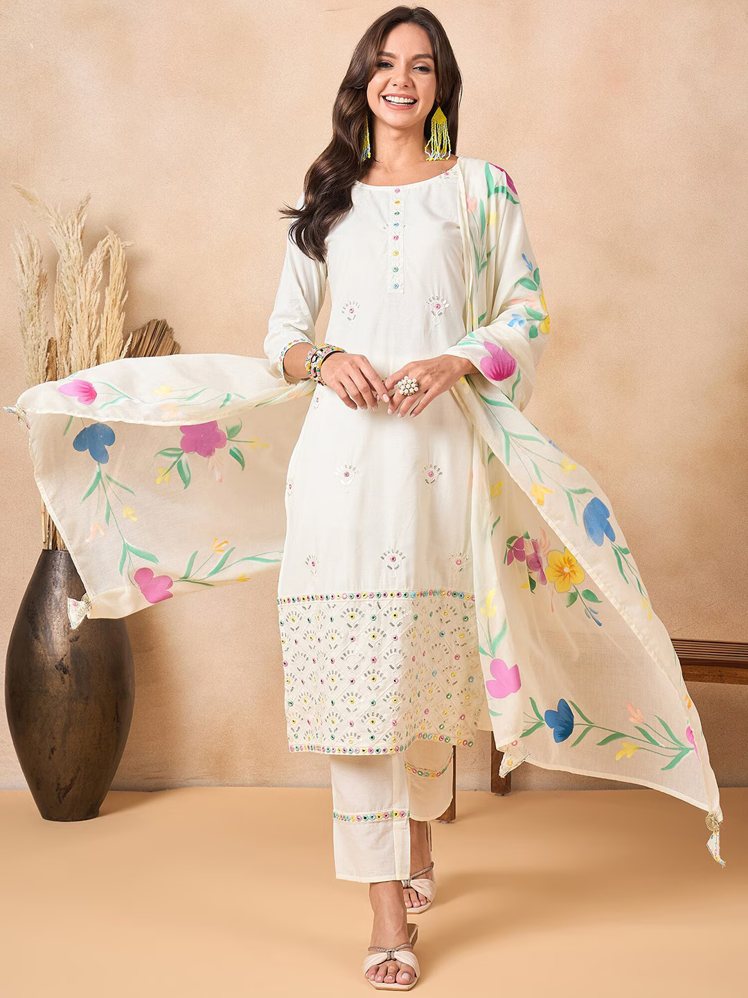 Women Floral Embroidered Regular Thread Work Pure Cotton Kurta with Trousers & With Dupatta