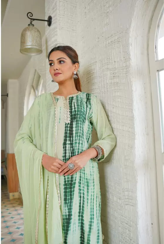 Women Pista Green Viscose Rayon Kurta Pant Dupatta Set