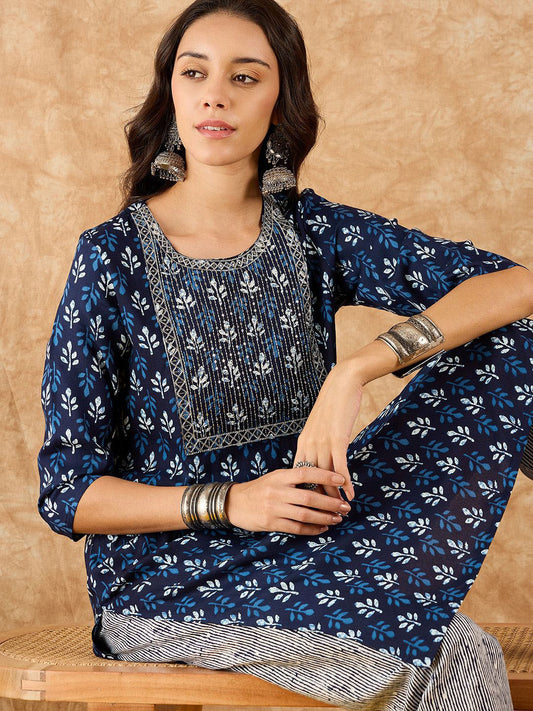 Ethnic Motifs Printed Straight Sequinned Kurta with Trousers - Amy's Cart