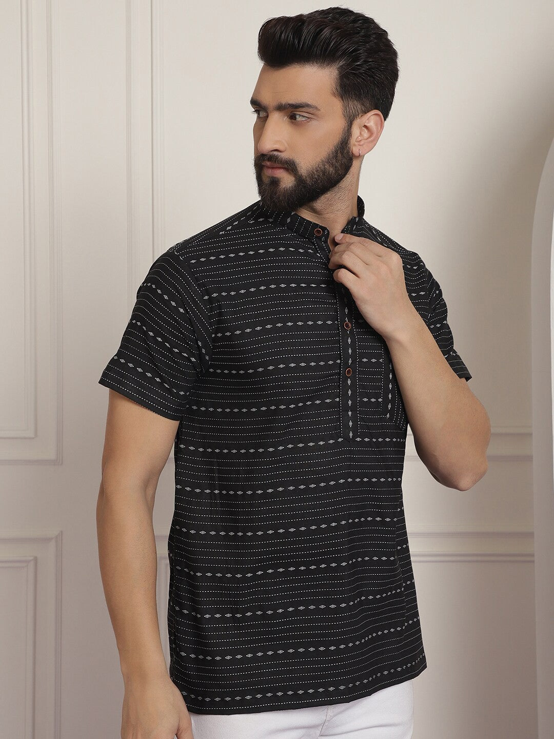 Stripes Printed Mandarin Collar Cotton Straight Kurta